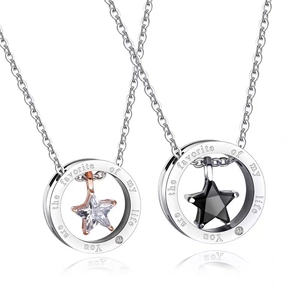 Pärchen Stern Anhänger Halskette Edelstahl Gravierter Ring Zirkonia Stern Halsketten Für Herren Damen Hip Hop Stil Schmuck Geschenk