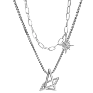 Geometrische Sternschliff Edelstahl Lagen-Look Halskette Zirkonia Dreieck Anhänger Hip Hop Streetwear Kette Für Herren Damen Schmuck