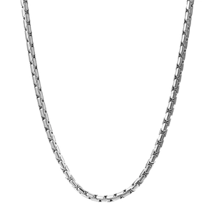 Polished silver stainless steel box chain necklace for men and women on white background