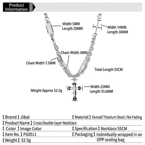 Collana uomo multistrato in acciaio al titanio argento con ciondolo croce 55cm