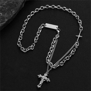 Collana con Pendente a Croce a Doppio Strato in Acciaio al Titanio Hip Hop Strass Catena Cubana Gioielli Gotici Unisex