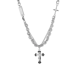 Collana da uomo a doppio strato con ciondolo a croce gotica e catena cubana argento