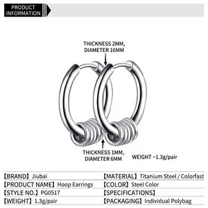 Titanium steel hoop earrings with four small movable rings in polished silver finish