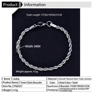 Bracelet torsadé hip hop en acier titane pour hommes avec une finition argentée durable