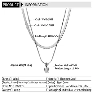 Collier double couche minimaliste en acier titane argenté avec goutte d'eau