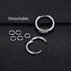 Titanium steel silver hoop earrings with detachable rings shown in a flat lay layout