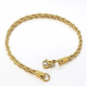 Bracelet chaîne corde en acier titane doré avec fermoir mousqueton style hip hop homme