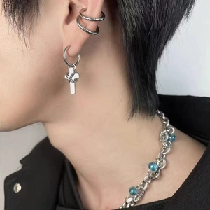 Punk Silber Kreuz Ohrring und geschichtete Kette mit blauen Perlen im Schmuckset
