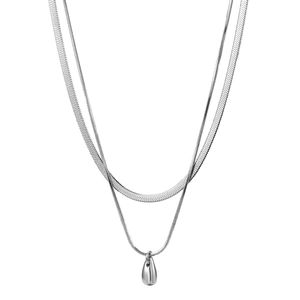 Collier double rang argenté avec pendentif goutte d'eau et chaîne serpent minimaliste