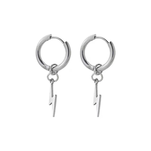 Pendientes de aro minimalistas de acero de titanio plateado con colgante de rayo