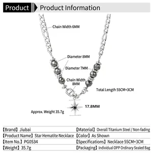 Titanium steel necklace with black obsidian beads and star pendant on a white background