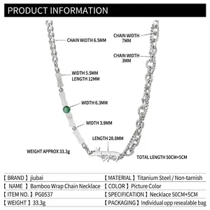 Bamboo style titanium steel double layer necklace with green bead accent for men and women