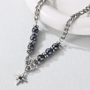 Titanium Steel Star Pendant Necklace With Hematite And Iridescent Beads For Men Hip Hop Industrial Style Jewelry