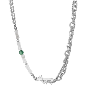Bamboo style titanium steel double-layer necklace with green beads in neo-Chinese design