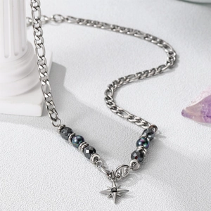 Star pendant titanium steel necklace with obsidian beads and iridescent colorful accents