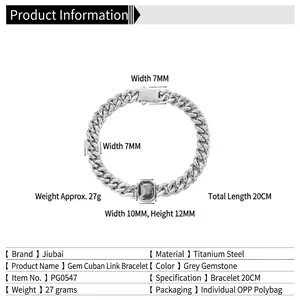 Silver titanium steel Cuban bracelet with gray rectangular gemstone center 20cm
