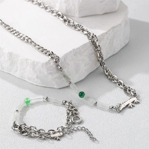 Neo Chinese Style Stainless Steel Bamboo Joint Pendant Necklace For Women Men Faux Jade Green Beads Patchwork Chain Jewelry