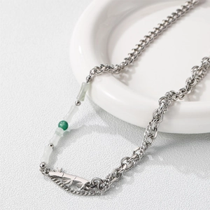 Bamboo style silver titanium steel double-layer necklace with green jade beads and leaf charm