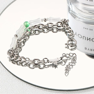 Bamboo style titanium steel double-layer necklace with white jade texture beads