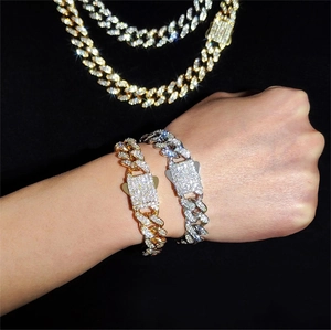 Bracelet Cuban hip hop pour hommes avec double rangée de diamants en or et argent