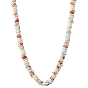 Multicolor jasper beaded necklace with pearl pendant and central oval metal bead