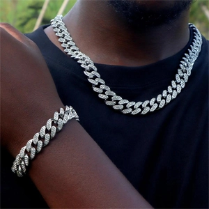 Ensemble collier et bracelet chaîne cubaine argentée pour homme avec strass style hip hop