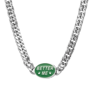 Hip Hop Stainless Steel Green Enamel Better Me Oval Pendant Necklace Silver Cuban Chain Streetwear Jewelry For Men Women