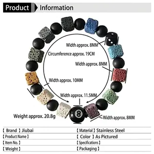 Lava Stein Perlenarmband mit Würfel und schwarzem 8 Poolball Anhänger aus Titanstahl