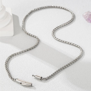 Polished stainless steel wheat chain necklace with sleek minimalist cylindrical clasp for unisex