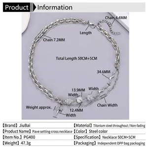 Collier multicouche en acier inoxydable avec pendentif croix et perles métalliques