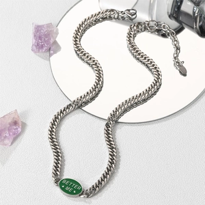 Hip hop Cuban chain necklace with green enamel Better Me tag in silver stainless steel