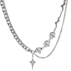 Collier multicouche en acier titane avec pendentif étoile et perles de lune pour homme femme