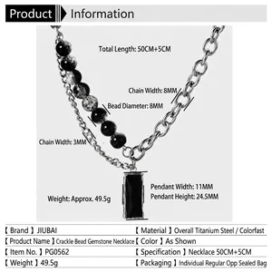 Titanium steel double layer necklace with black zircon pendant and beaded chain for men