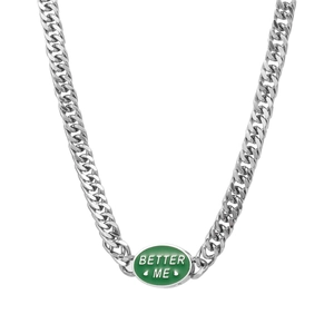 Hip hop titanium steel Cuban link necklace with green oval enamel Better Me pendant tag