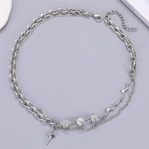Collier Double Couche en Acier Inoxydable Avec Pendentif Étoile Et Perles Oeil De Chat Chaîne Gourmette Ras Du Cou Multicouche Bijoux Unisexe