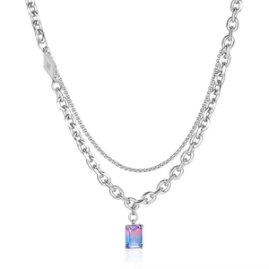 Double-layer stainless steel necklace with cuban link and pink blue gradient gemstone