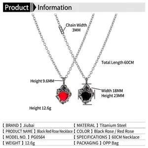 Vintage stainless steel rose pendant necklace with red and black gemstones for men and women