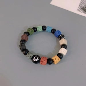 Punk Lavastein Perlenarmband Für Damen Herren Billard Schwarz 8 Würfel Anhänger Bunter Vulkanstein Stretch Handschmuck