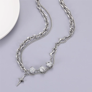 Collier double épaisseur en acier inoxydable avec perles œil de chat et pendentif étoile