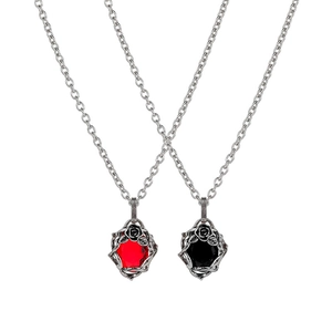Retro gothic stainless steel necklace with rose thorn detail and red black gemstone