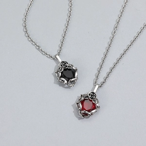 Gothic Rose Pendant Necklace Titanium Steel Vintage Dark Aesthetic Jewelry Red Black Hexagon Gemstone For Unisex Gift