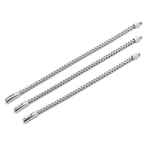 Close-up of three silver stainless steel wheat chain bracelets with press-button clasps