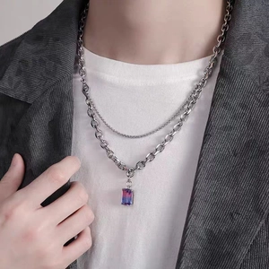 Double-layer silver titanium steel necklace with a gradient purple-blue gem pendant