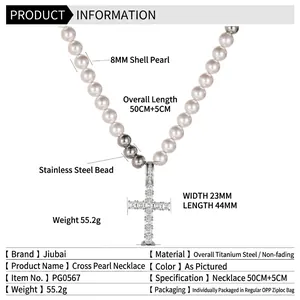 Collier avec pendentif croix en acier titane, perles de 8mm et zircons cubiques brillants