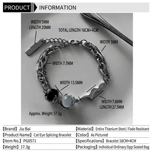 Titanium steel bracelet with black and white cat eye stones in cool industrial style