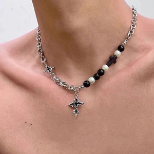 Gothic Cross Pendant Necklace Stainless Steel Titanium Steel Spliced Imitation Artificial Pearls Black Beads Hip Hop Streetwear Men Women