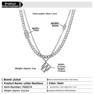Detail of double-layer titanium steel necklace with W letter pendant and Cuban chain dimensions