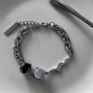 Niche Design Cat Eye Stone Titanium Steel Bracelet Silver Color Geometric Wave Chain Bracelet For Men Women Unisex Industrial Jewelry