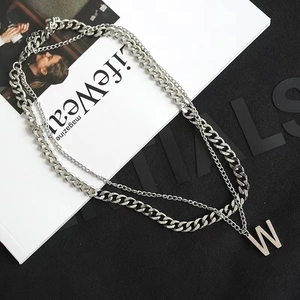 Stainless Steel Initial Letter Pendant Necklace Double Layer Curb Chain Hip Hop Personalized Jewelry For Men Women
