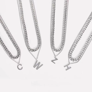 Double-layered titanium steel cuban chain necklace with initial W pendant for women and men